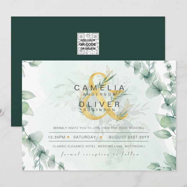 Invitation Leahg Eucalyptus Green Gold Mariage QR CODE IN (Devant / Derrière)