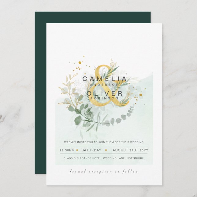 Invitation LeahG Eucalyptus Green Mariage or QR CODE INV (Devant / Derrière)