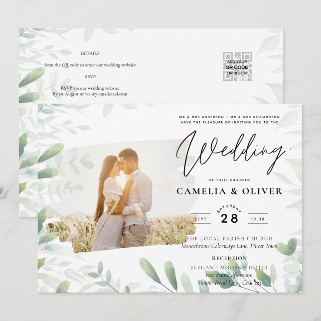 Invitation LeahG Feuilles de la verdure PHOTO OVERLAY Mariage (Devant / Derrière)
