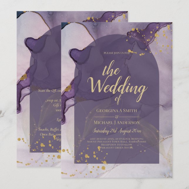 Invitation LeahG Ink Ombre violet Lavender Mariage or (Devant / Derrière)