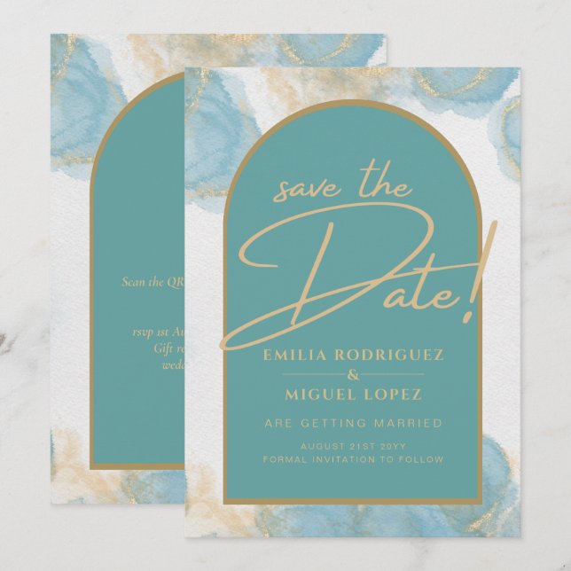 Invitation LeahG INK Verre de mer Turquoise Turquoise or INVI (Devant / Derrière)