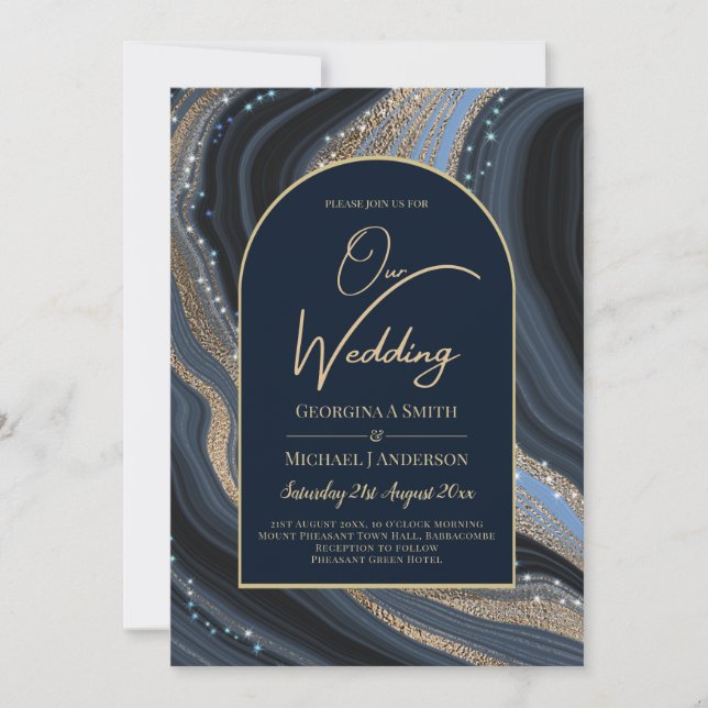 Invitation LeahG Marine Blue Gold Agate STARRY Mariage de nui (Devant)
