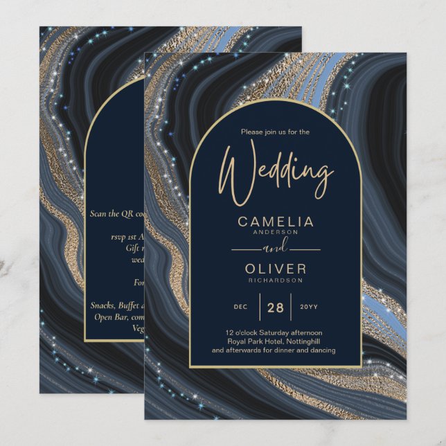 Invitation LeahG Marine Blue Gold Agate STARRY Mariage de nui (Devant / Derrière)