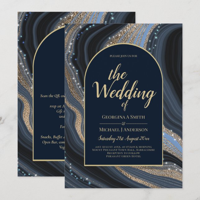 Invitation LeahG Marine Blue Gold Agate STARRY Mariage de nui (Devant / Derrière)