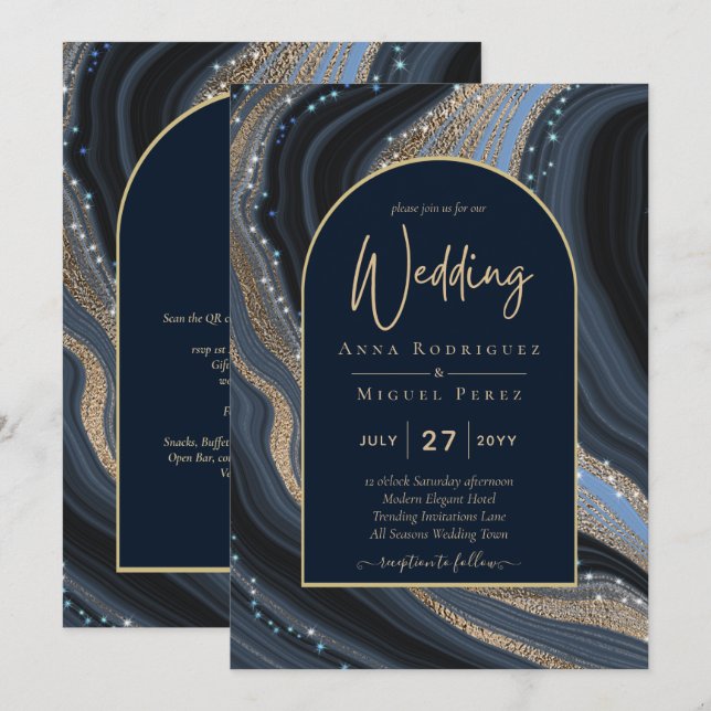 Invitation LeahG Marine Blue Gold Agate STARRY Mariage de nui (Devant / Derrière)