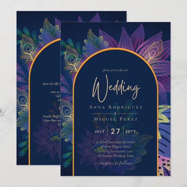Invitation LeahG Marine Purple Gold JEWEL TONES Mariage INVIT (Devant / Derrière)