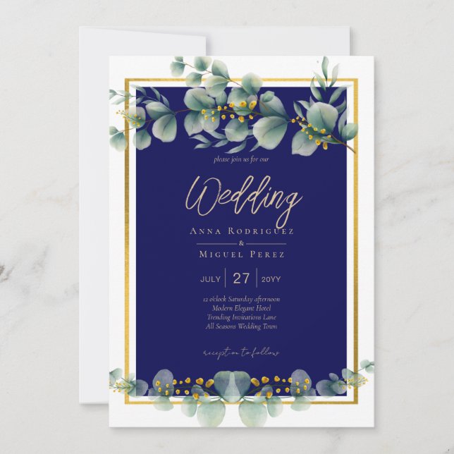 Invitation LeahG NAVY BLUE OR Vert Eucalyptus Mariage (Devant)