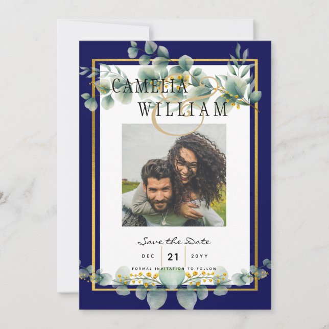 Invitation LeahG NAVY BLUE OR Vert Eucalyptus Mariage (Devant)