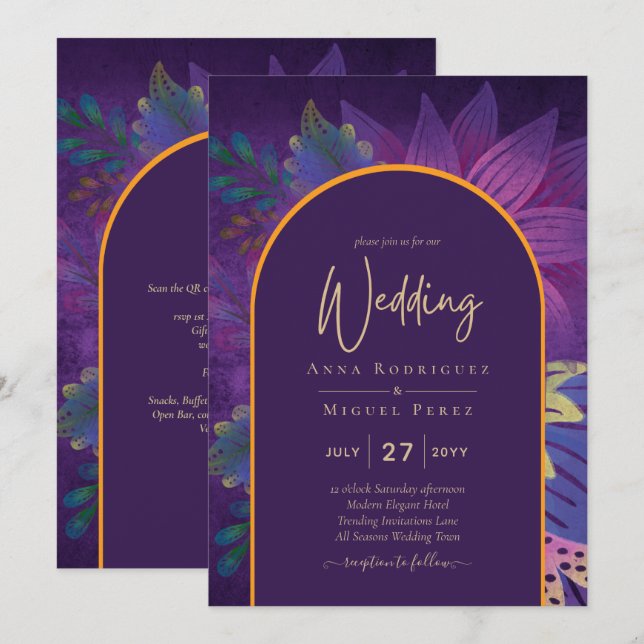 Invitation LeahG Plum Purple Gold JEWEL TONES Mariage INVITE (Devant / Derrière)