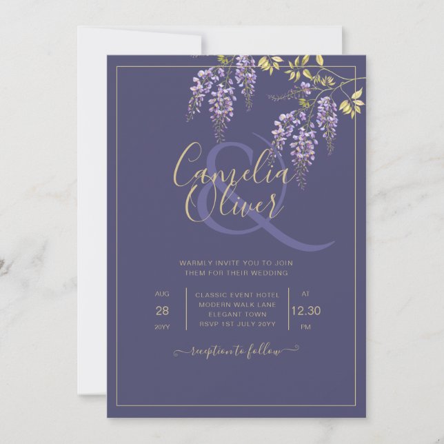 Invitation LeahG Purple Gold WISTERIA Floral Wedal INVITE (Devant)