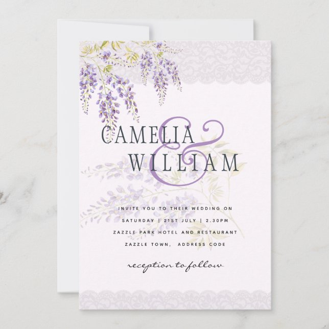 Invitation LeahG Purple WISTERIA Dentelle Florale Mariage INV (Devant)