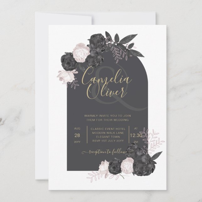 Invitation LeahG Roses rose gris moderne Automne d'hiver Mari (Devant)