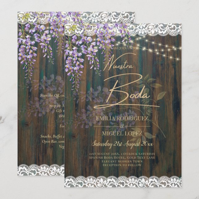 Invitation LeahG Rustique Fleurs de Glycine en Dentelle Faire (Devant / Derrière)
