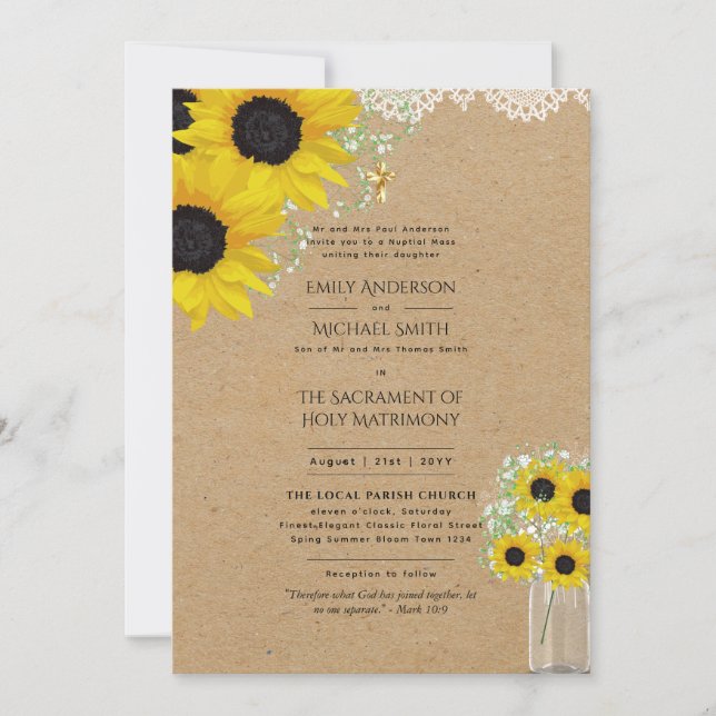 Invitation LeahG Tournesols Messe Nuptiale Mariage catholique (Devant)