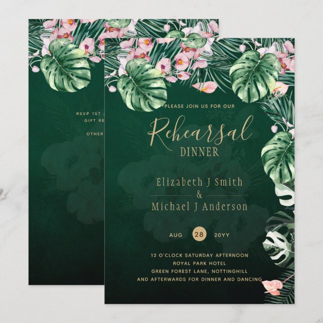 Invitation LeahG Tropical Green rose Mariage de feuille flora (Devant / Derrière)