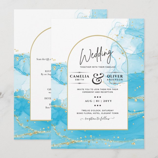 Invitation LeahG Turquoise Gold Aqua Blue Wedding INVITE (Devant / Derrière)