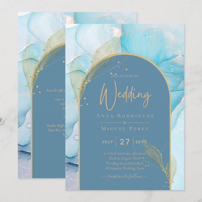 Invitation LeahG Verre de mer Encre d'or Aqua Blue Wedding IN (Devant / Derrière)
