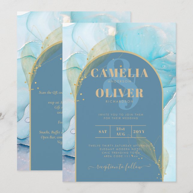 Invitation LeahG Verre de mer Encre d'or Aqua Blue Wedding IN (Devant / Derrière)