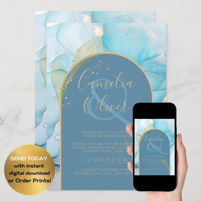 Invitation LeahG Verre de mer Encre d'or Aqua Blue Wedding IN (Créateur téléchargé)