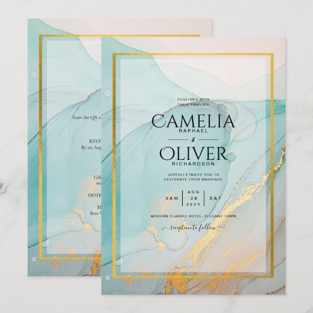 Invitation LeahG Verre de mer Turquoise Gold INK Mariage INVI (Devant / Derrière)
