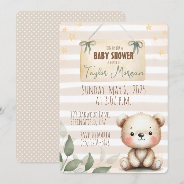 Invitation Leaves Watercolor Teddy Bear (Devant / Derrière)