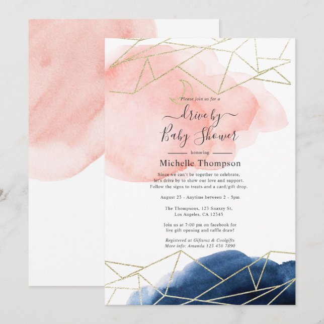 Invitation Lecteur géométrique marine et blush par douche (Devant / Derrière)