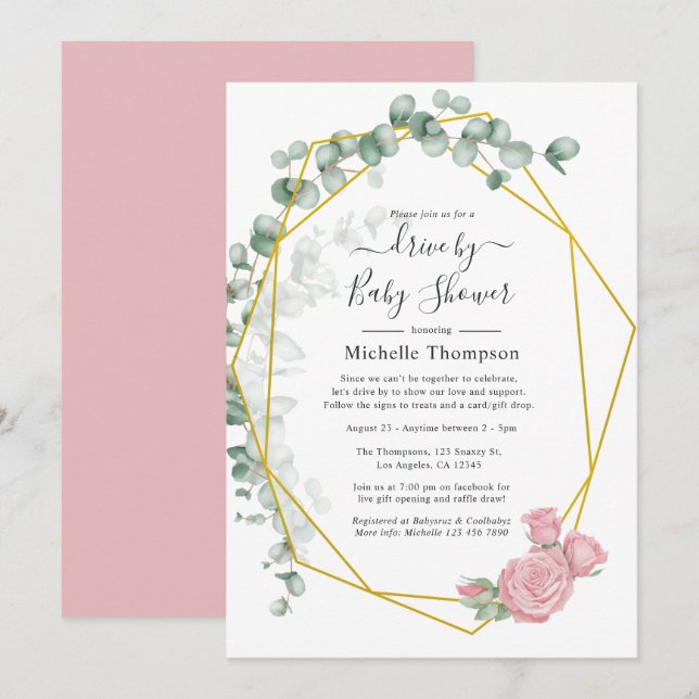 Invitation Lecteur Géométrique Rose Eucalyptus Par Douche (Devant / Derrière)