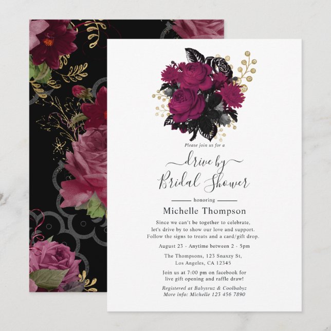 Invitation Lecteur virtuel Marsala et Gold Floral par douche (Devant / Derrière)