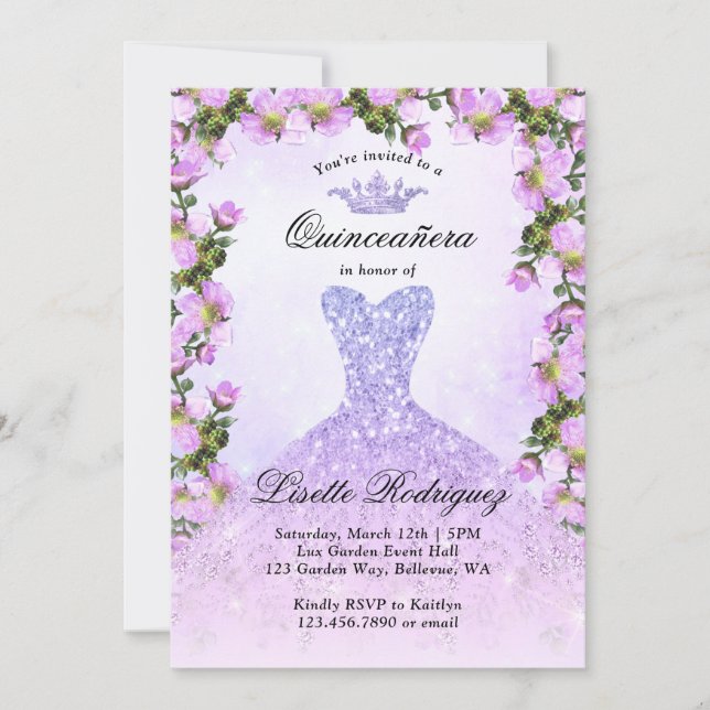 Invitation Légère Quinceanera Florale Violette (Devant)