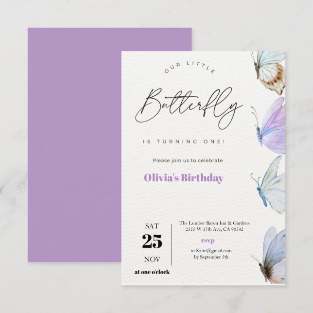 Invitation L'élégant papillon violet devient un anniversaire (Devant / Derrière)