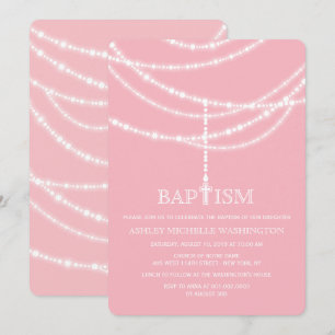 Invitation L'Élégante Croix du Rosaire étincelle le Baptême R