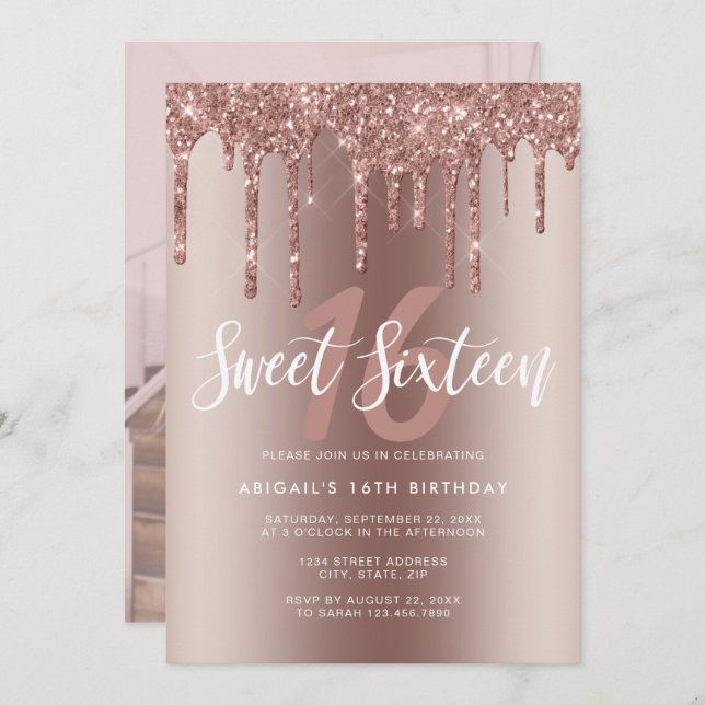 Invitation L'élégante parties scintillant rose en or goutte l (Devant / Derrière)