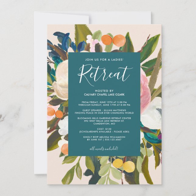 Invitation L'élégante retraite moderne Florals Dames Turquois (Devant)