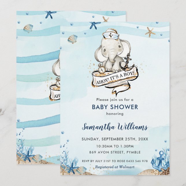 Invitation L'éléphant nautique Ahoy C'est un Baby shower garç (Devant / Derrière)