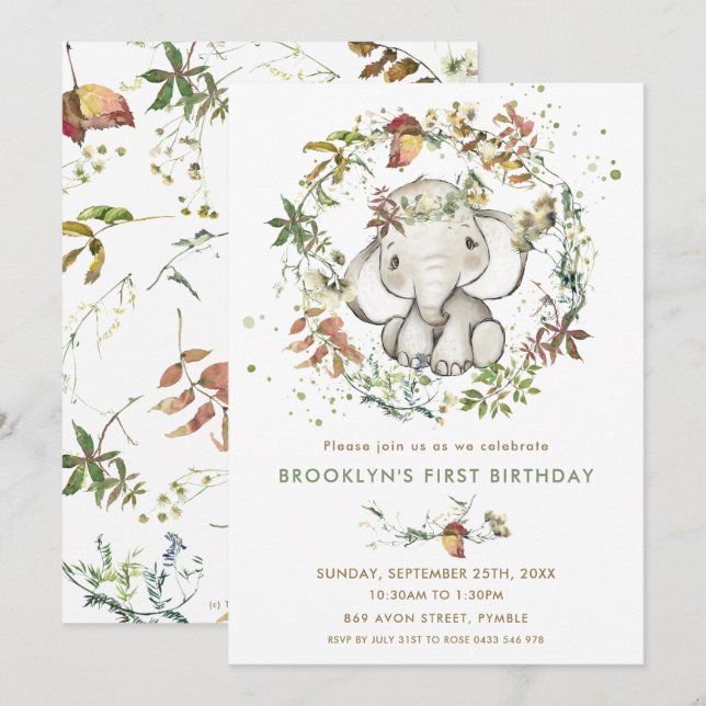 Invitation L'éléphant russe tombe un Anniversaire feutré et n (Devant / Derrière)