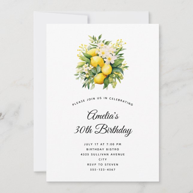 Invitation Lemon Bouquet with White Blossoms Birthday (Devant)
