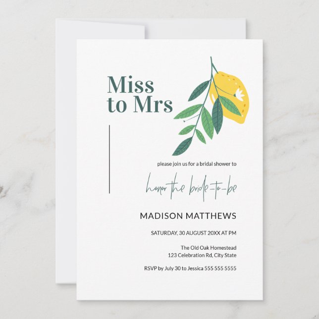 Invitation Lemon Citrus Miss à Mme Fête des mariées d'été (Devant)