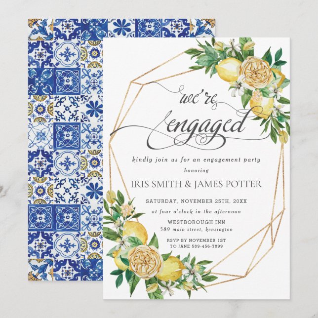 Invitation Lemon Floral Géométrique Nous sommes engagés Fianç (Devant / Derrière)