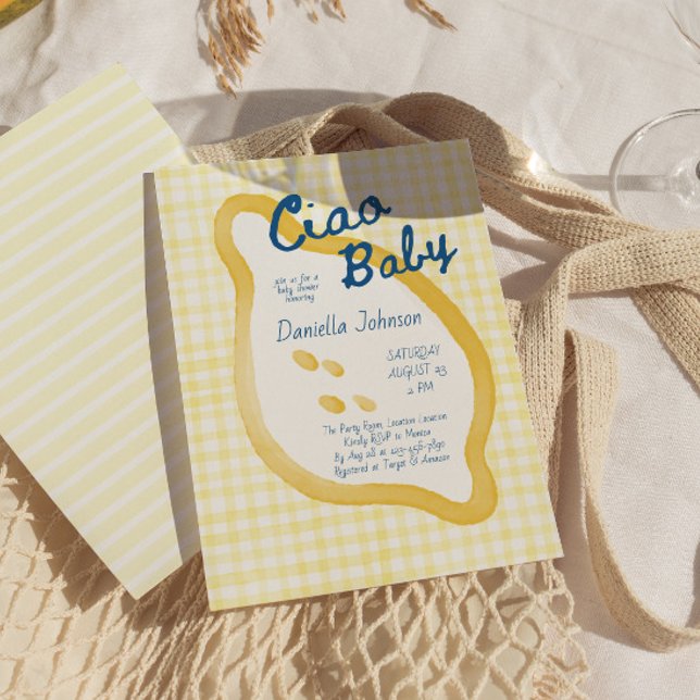 Invitation Lemon Gingham Ciao Baby Shower (Whimsical Ciao Baby Lemon Baby Shower Invite)