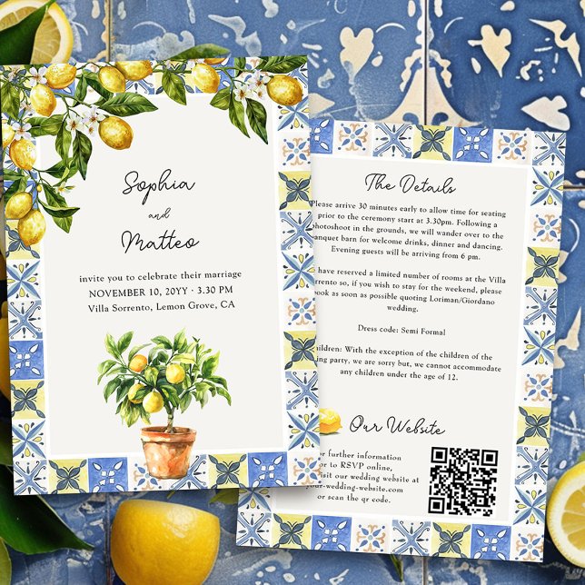 Invitation Lemon Grove Italien Mariage Détails et site web (Wedding Invitation with Details from the Lemon Grove Wedding Collection by Darling & May)