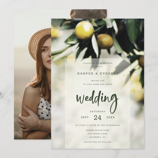 Invitation Lemon Grove | Mariage d'été moderne Jaune & Vert (Devant / Derrière)