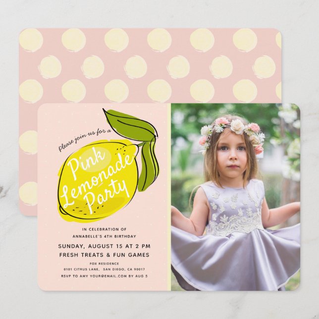Invitation Lemon Pale Rose Lemonade Girl Photo Anniversaire (Devant / Derrière)