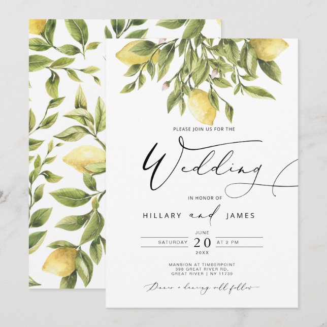 Invitation Lemon Sorrento Mariage de calligraphie de la côte  (Devant / Derrière)