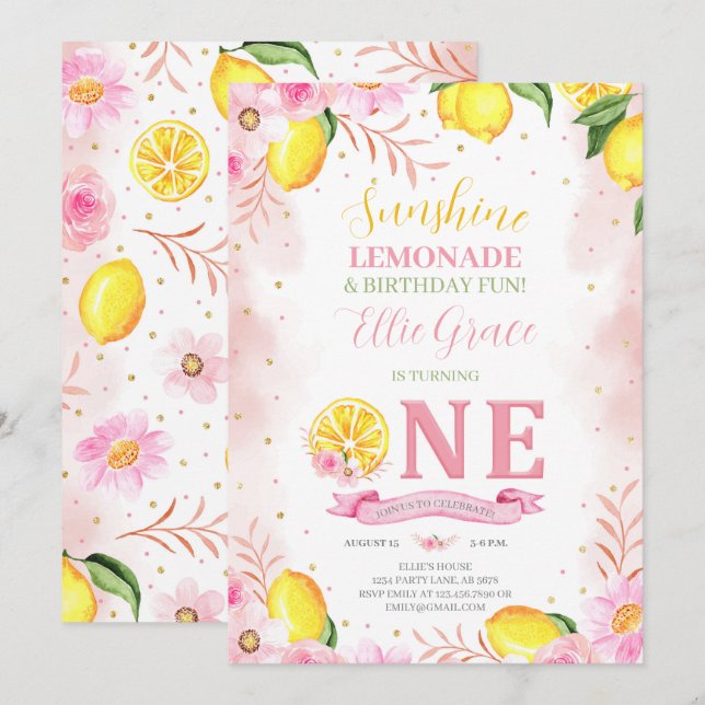 Invitation Lemonade florale 1er anniversaire (Devant / Derrière)