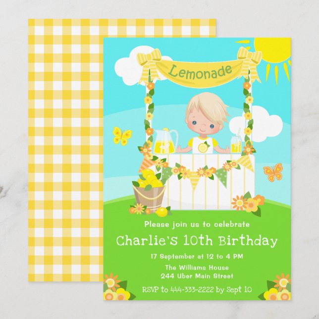 Invitation Lemonade Stand Anniversaire Blonde Hair Boy (Devant / Derrière)