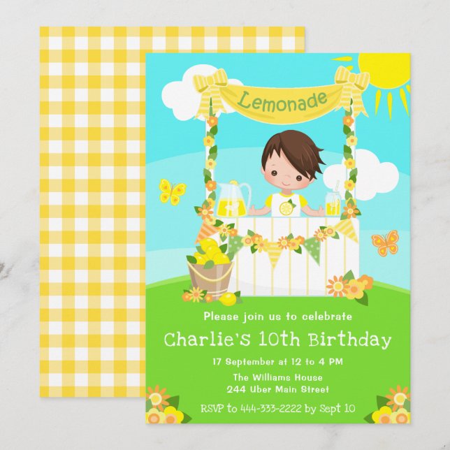 Invitation Lemonade Stand Birthday Brown Hair Boy (Devant / Derrière)