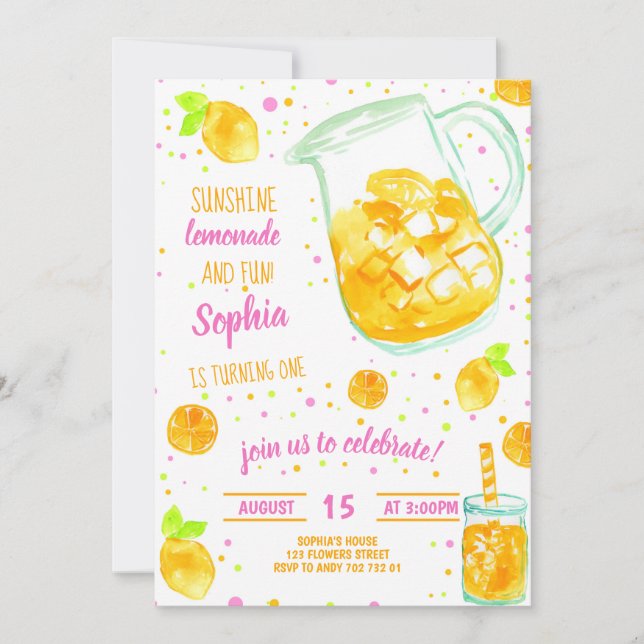 Invitation Lemonade Summer Confetti Cute Girl Anniversaire (Devant)