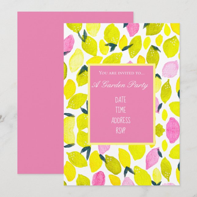 Invitation Lemons aquarelle design moderne jardin fête (Devant / Derrière)