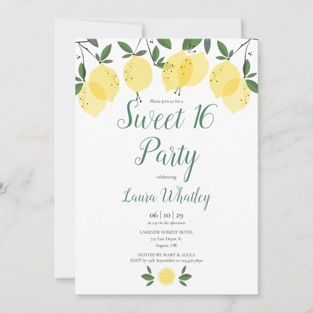 Invitation Lemons Moderne Doux 16 Fête Anniversaire (Devant)