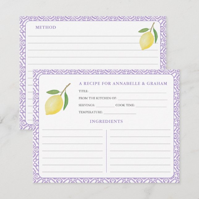 Invitation Lemons Purple Text Bridal Shower Recipe Card (Devant / Derrière)